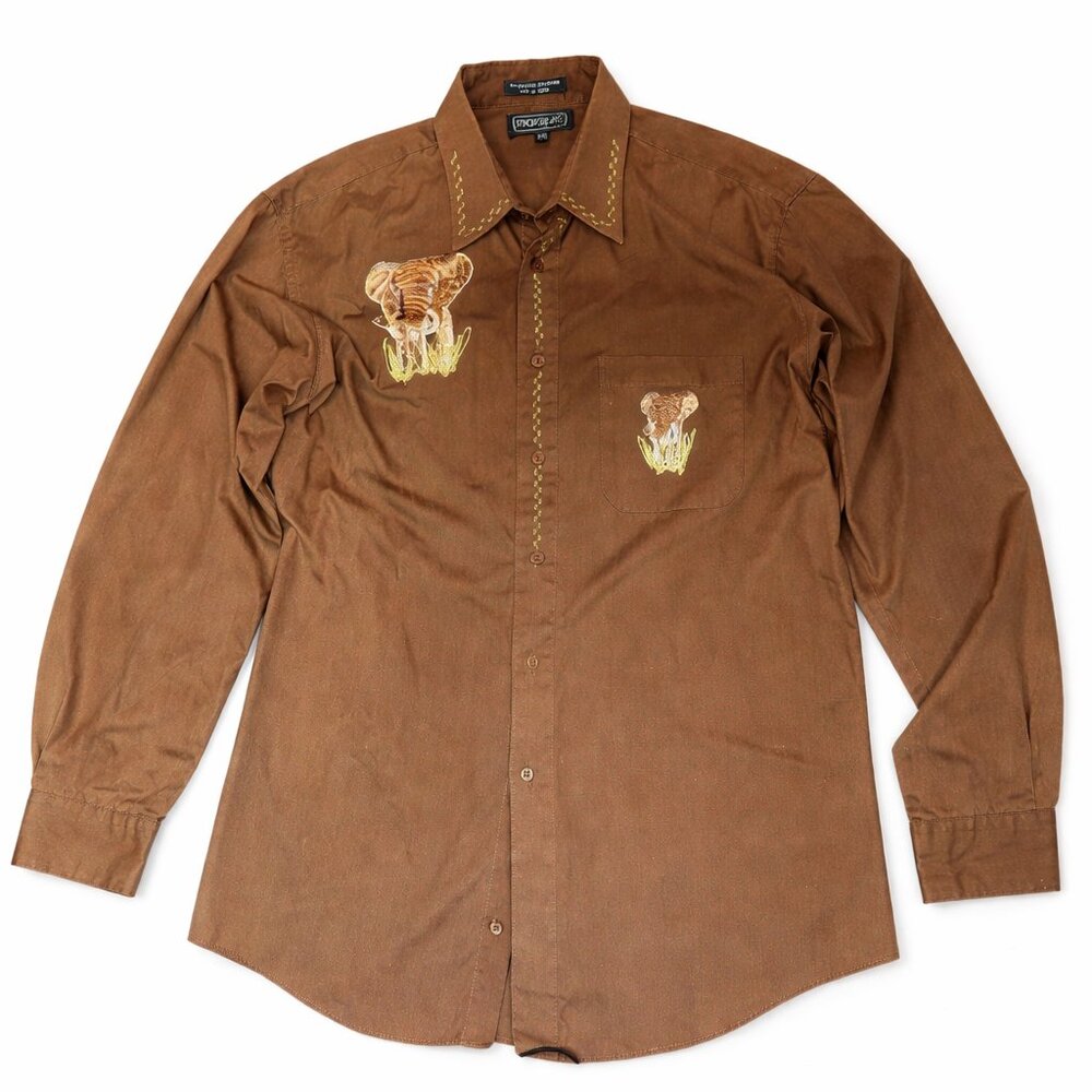 Marquis Brown Men's Large Button Down Shirt Embroidered Elephant Print Novelty